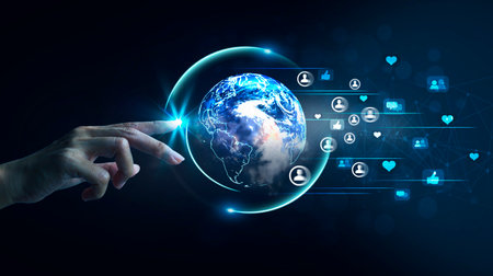 Hands touching digital globe on dark background. Global communication concept. 3D Rendering