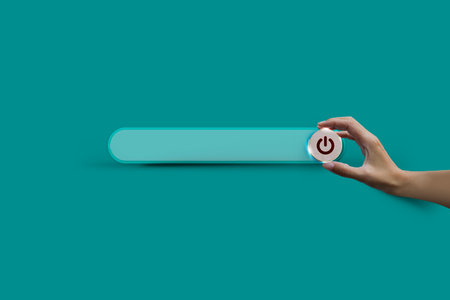 Search bar and hand hold wooden button to turn off, closed, and shut down on green soft background with copy space. Care of the Environment. Earth Day Conceptの写真素材