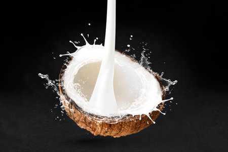 Coconut cut in half with milk splash isolated on black stone backgroundの写真素材