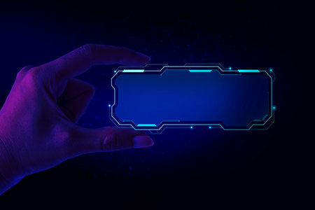 Hand holding hud elements hologram tech graphs. Futuristic tone purple, neon color. Analyzing data