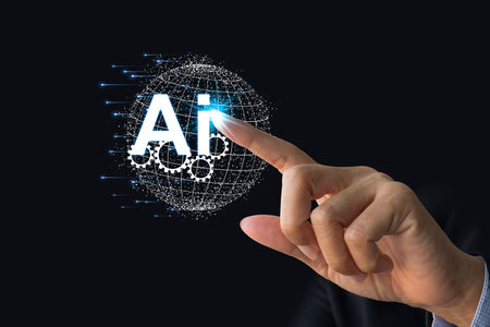 AI, Machine learning, Hands of globe and human touching on big data network connection background, Science and artificial intelligence technology, innovation and futuristic.の写真素材