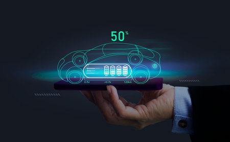 EV Charging calculating time remaining. Reducing carbon footprint; charging stations, battery tech enhance fuel efficiency, combat climate change.の写真素材