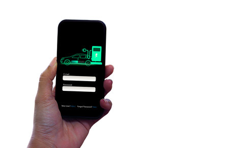 App member hand show mobile phone electric of EV chargers car in concept