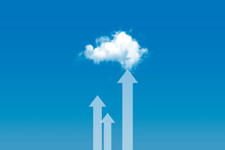 Cloud and arrow on blue background. Pointing on the shining arrowhead, minimal style.の写真素材