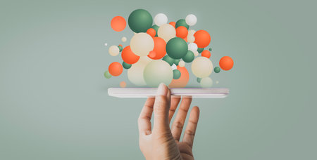 Opened Hand Levitating Virtual Objects. Purple Futuristic Toneの写真素材