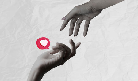Social media creative concept hand open like love follower icon isolated on wrinkled paper background. Art collage digital pop modern art.の写真素材