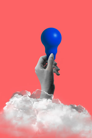 Hand holds blue light bulb. Art collage digital pop modern art.