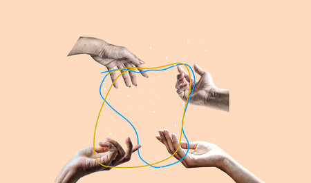 Human hands aesthetic of human relation, community, symbolism, surrealism on retro background. Art collage digital pop modern art.の写真素材