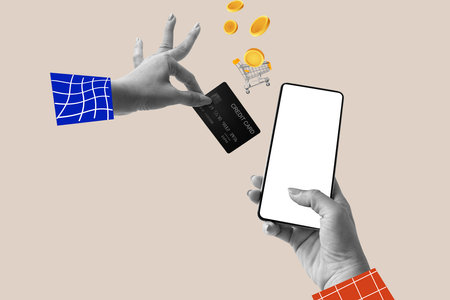 Hands using mobile black screen and cadet card, shopping cart online shopping concept isolated on...