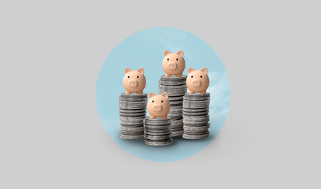 Piggy banks on stacks of gold coins retro background. Art collage digital pop modern art.