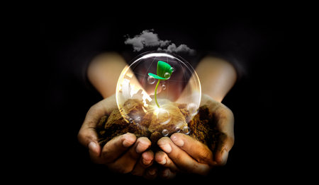Hand holding globe and soil in hand, green seedlings for Environment Social Governance to sustainable development in businessの写真素材