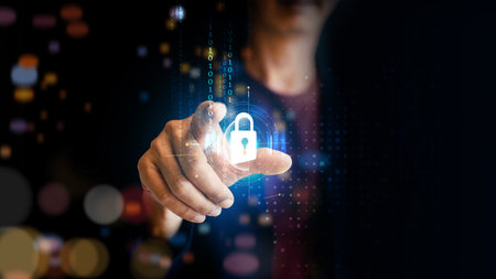Businessman protecting personal data on smartphone, virtual screen interfaces