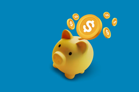 Yellow piggy bank on hand and coin, note papers. Art collage digital pop modern art.