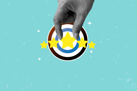 Hand holding star customer feedback emphasizing credibility, engagement, and satisfaction. Composite...