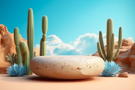 Cactus and stone podium on desert background. 3d render illustrationの素材
