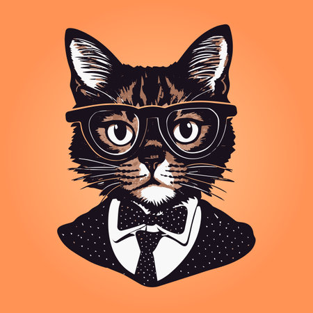 Vector illustration of a cat in a bow tie and glasses on an orange background.のイラスト素材