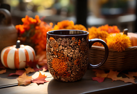 Cup of coffee with autumn leaves and pumpkins on wooden tableの素材