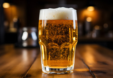 Beer in a glass on a wooden table in a pub or restaurant.の素材