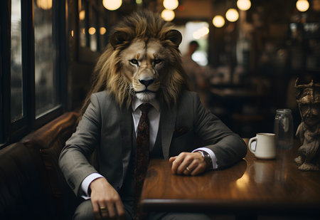 Portrait of a lion in a cafe. A man in a suit and a bow tie.の素材