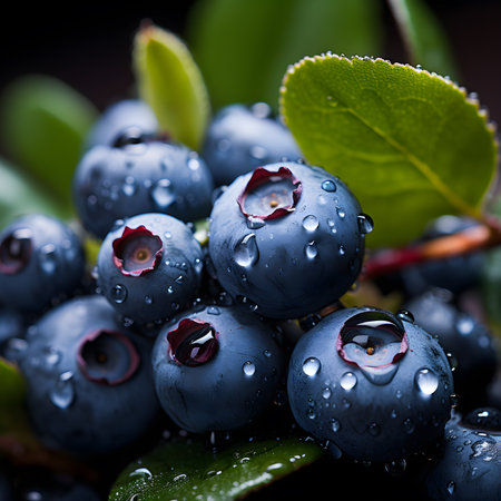 Fresh blueberries with water drops on a dark background. Selective focus.の素材