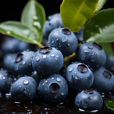 Blueberries with water drops on a black background. Shallow depth of field.の素材