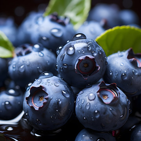 Fresh blueberries with drops of water on a dark background close upの素材