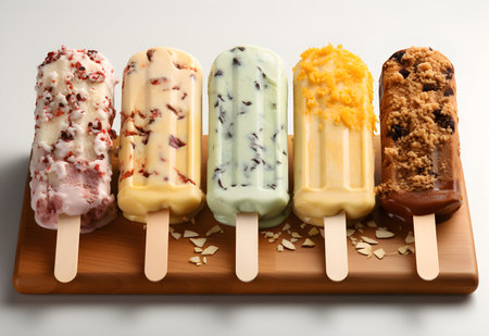 Homemade ice creams with different toppings on a wooden boardの素材