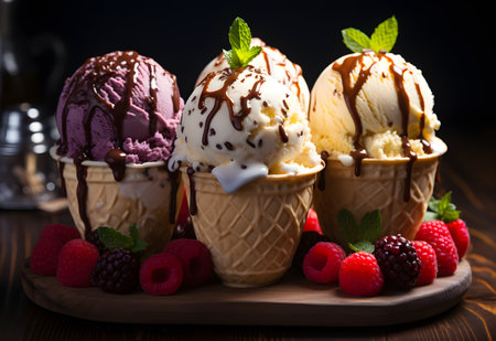 Ice cream scoops in waffle cones with berries and mint on wooden backgroundの素材