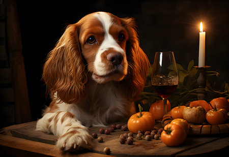 Cavalier King Charles Spaniel with pumpkins and wine in dark roomの素材