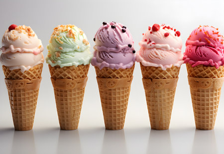 Ice cream cones with different flavors on a white background, close upの素材