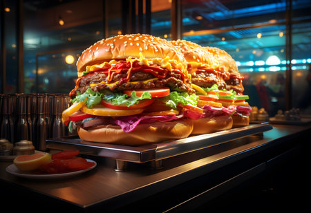 Big tasty cheeseburger with beef patty, lettuce, tomato, onion and mayonnaise on wooden tableの素材