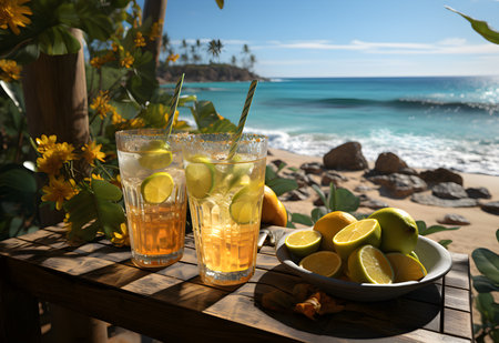 Two glasses of lemonade with ice cubes and lime slices on a wooden table by the ocean.の素材