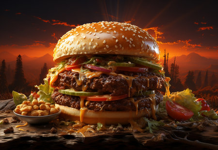 Cheeseburger with cheese and vegetables on wooden table. 3d renderingの素材