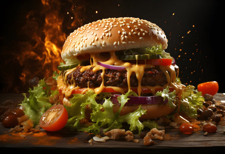 Hamburger on wooden table with flames on background, closeupの素材