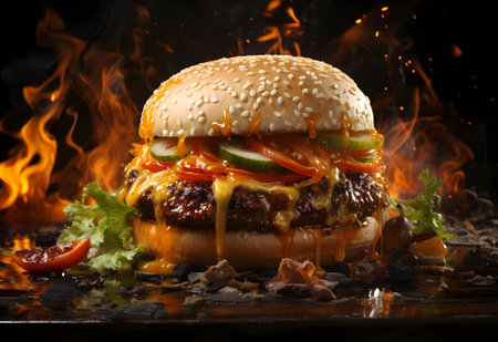 Delicious cheeseburger on a black background with flames and smokeの素材