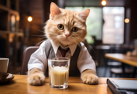 Cute ginger cat in shirt and tie sitting at table with glass of milkの素材