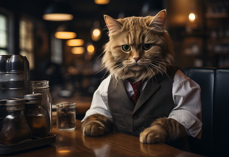 Cat wearing a suit and tie in a restaurantの素材