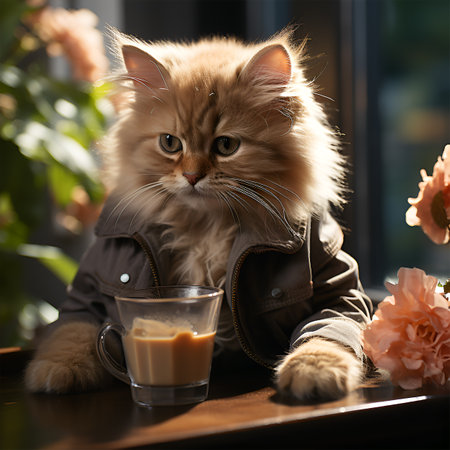 Cute ginger maine coon cat in a black jacket with a cup of coffeeの素材