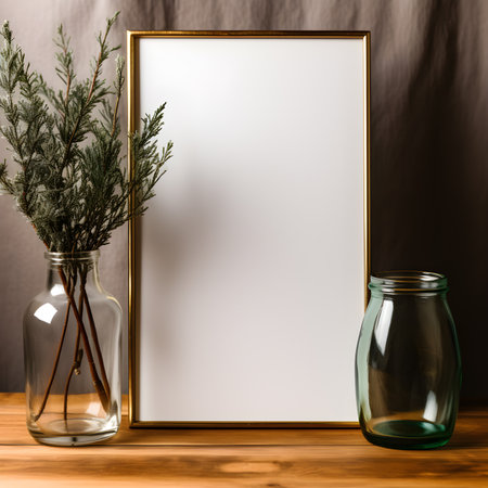 Blank frame mockup in a glass jar on a wooden tableの素材