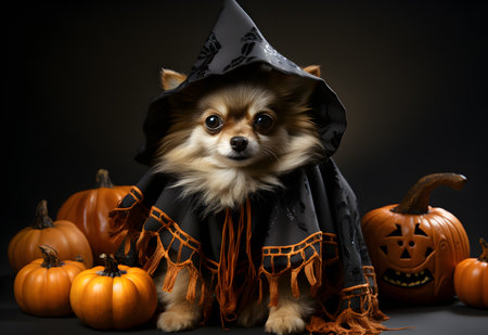 Cute chihuahua dog in witch costume with pumpkins on dark backgroundの素材