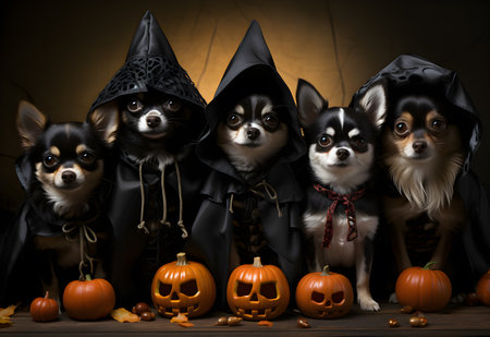 Group of chihuahua dogs in Halloween costumes on wooden backgroundの素材
