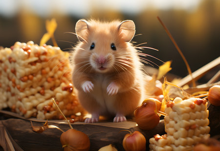 Hamster in the autumn forest on a background of autumn leaves.の素材