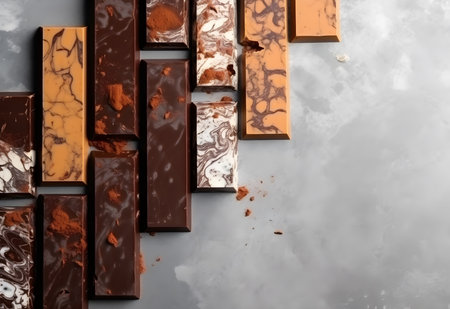 Pieces of delicious chocolate on grey background, top view. Space for textの素材