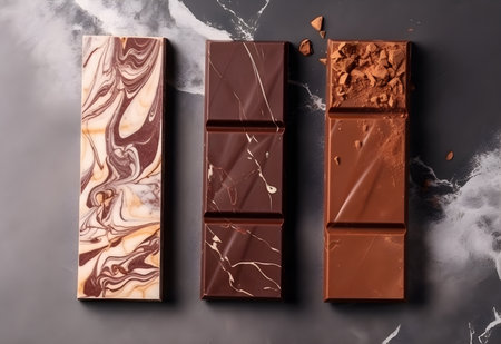 Dark and milk chocolate bars on black marble background. Top view.の素材