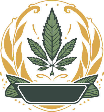 Cannabis leaf label with a laurel wreath on isolated white background done in retro style.のイラスト素材