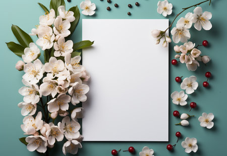 Flowers composition. Frame made of spring flowers on mint background. Flat lay, top view, copy spaceの素材