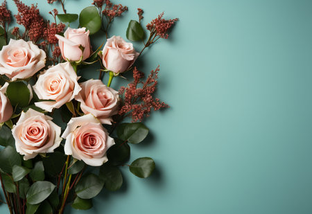 Bouquet of pink roses and eucalyptus on blue backgroundの素材