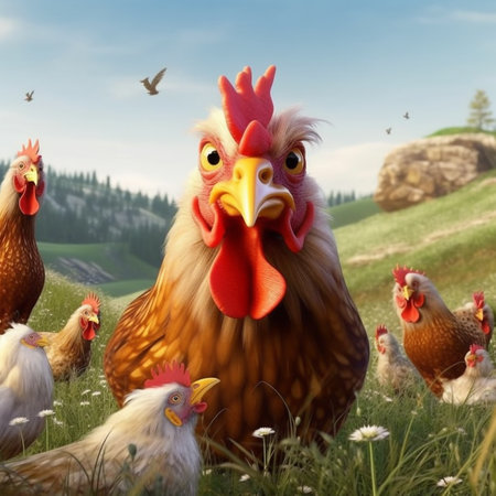 Chickens and rooster in the meadow. 3d renderの素材