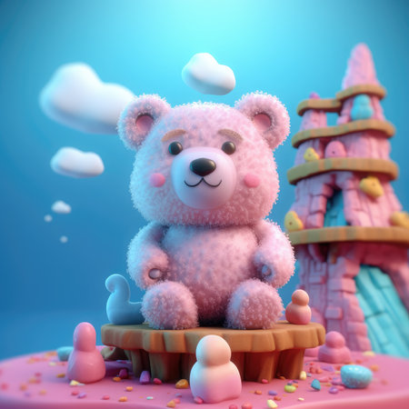 3d render of a cute teddy bear sitting on a cakeの素材