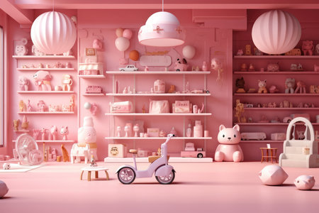 Pink children's room with toys. 3D rendering. Pink background.の素材